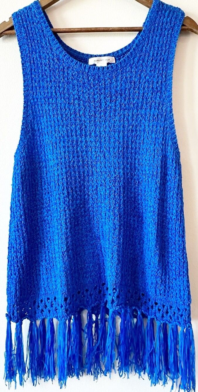 August Silk Royal Blue open Knit Fringe Tank Top Vest Layering Boho Casual XL